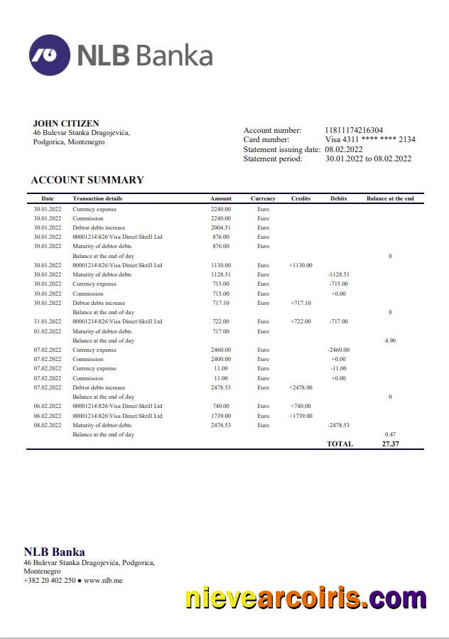 Montenegro NLB Bank statement